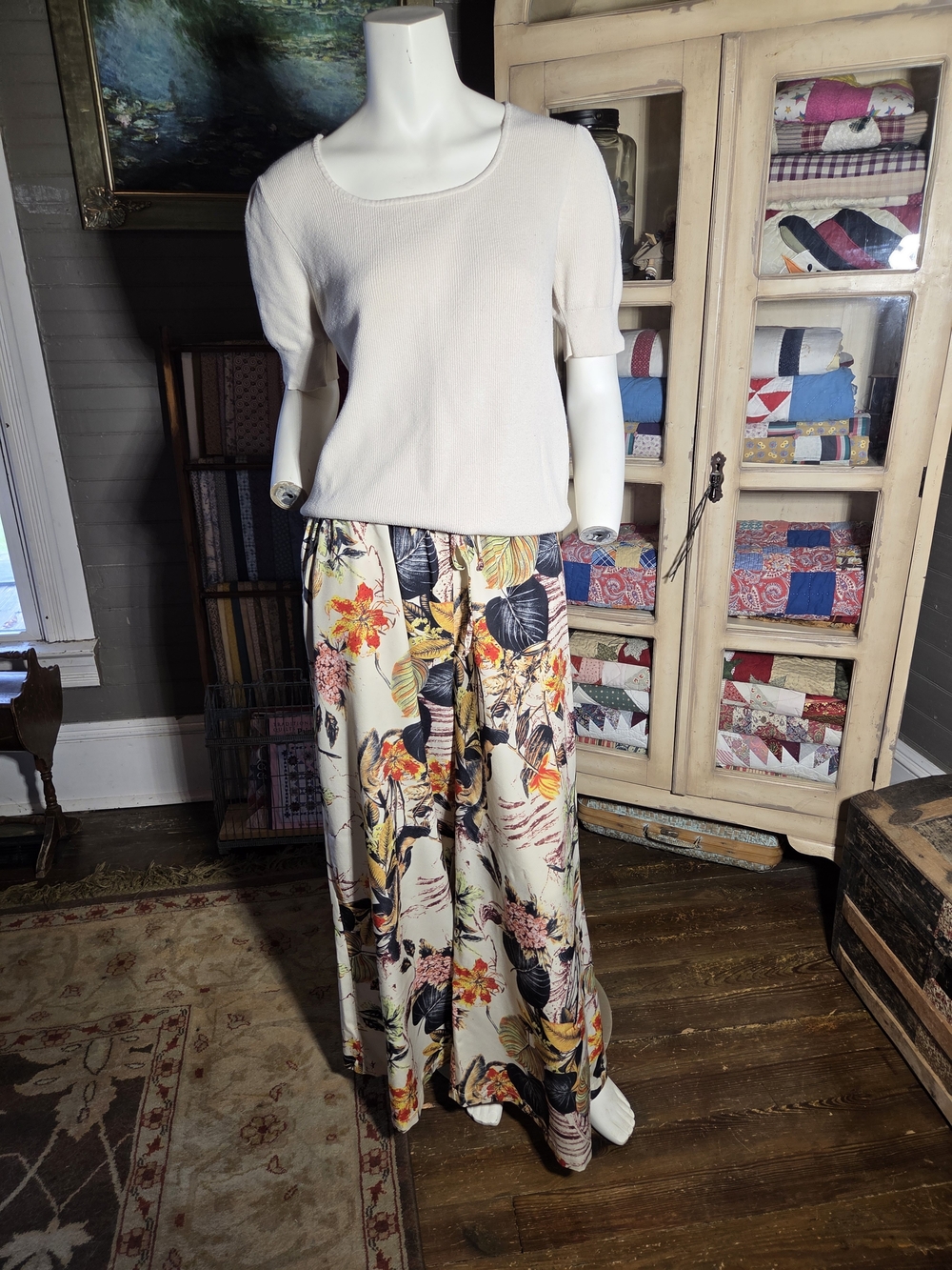 Wide Leg Floral Print Pants - Cream